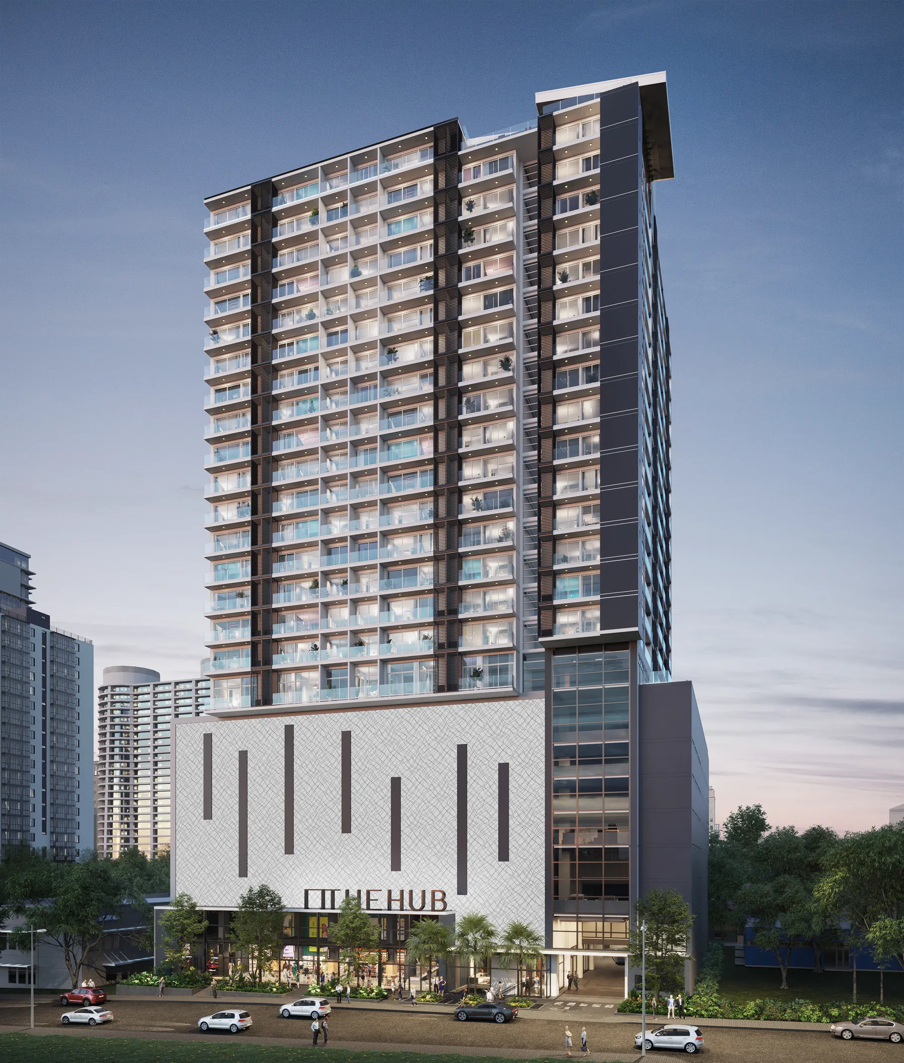 The Hub — architectural rendering of the tower and street-level frontage